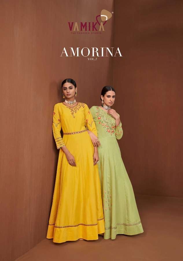 AMORINA VOL-7 BY VAMIKA 22032 TO 22036 SERIES MUSLIN SILK EMBROIDERED GOWNS