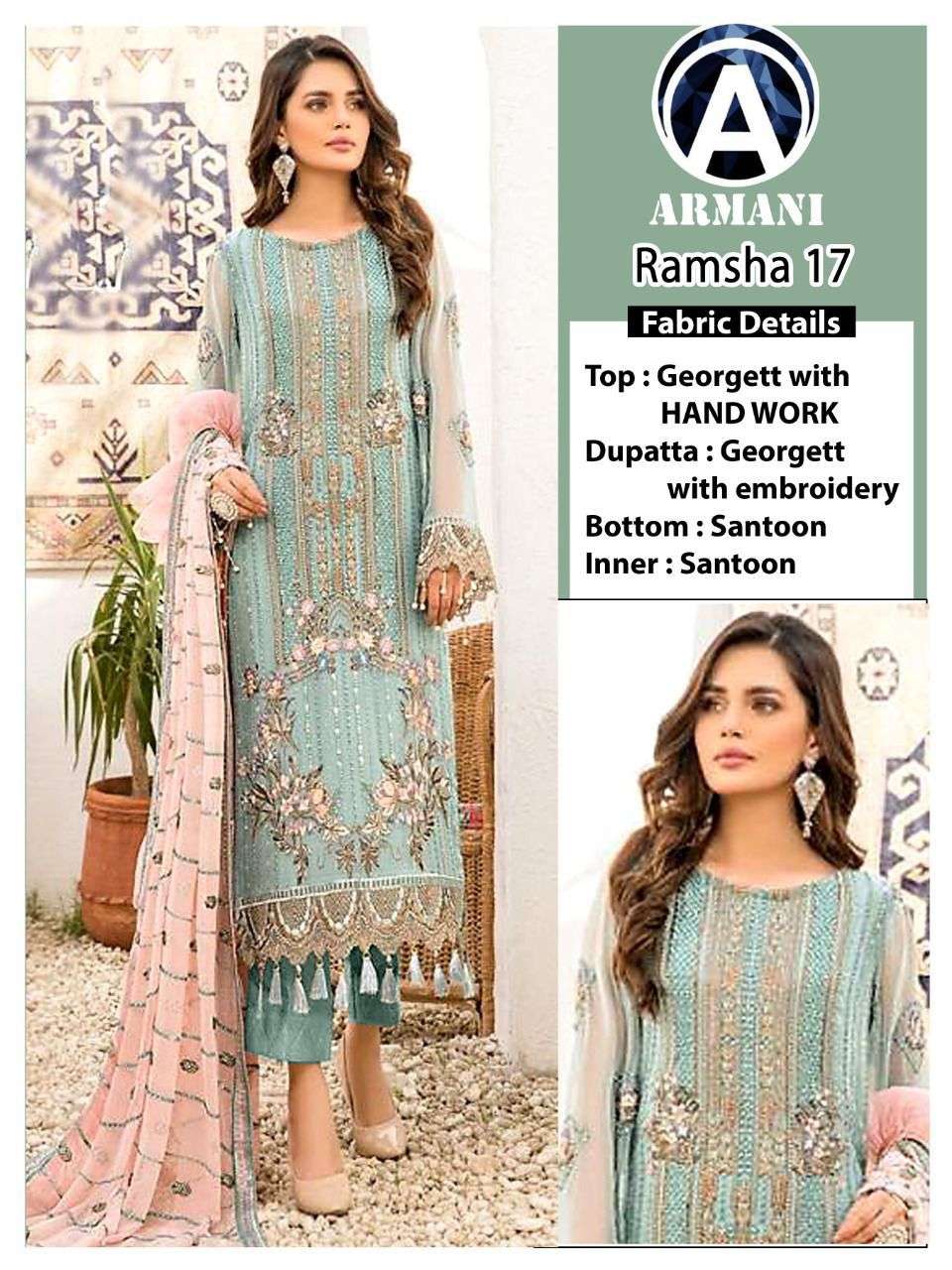 RAMSHA 17 BY ARMANI DESIGNER FAUX GEORGETTE EMBROIDERED PAKISTANI DRESS