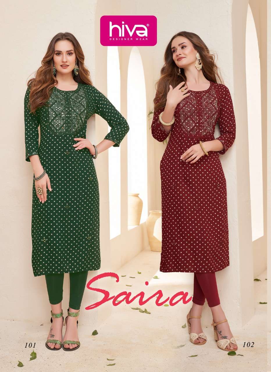 SAIRA BY HIVA 101 TO 106 SERIES BANDHEJ WORK RAYON KURTIS