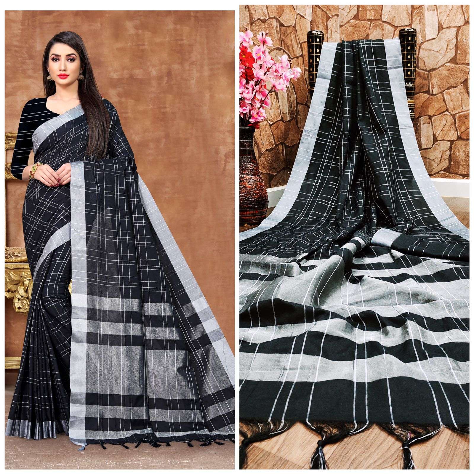 SILVER PATTA BY ASLIWHOLESALE 3129-A TO 3129-F SERIES COTTON SILK SAREES