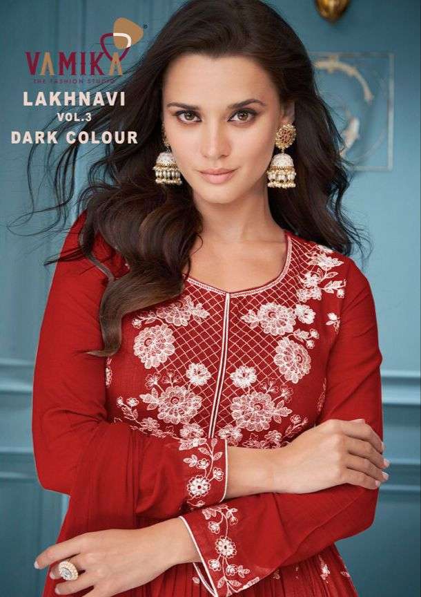 LAKHNAVI VOL-3 DARK COLOUR BY VAMIKA 1018-E TO 1018-H SERIES RAYON SHARARA DRESSES