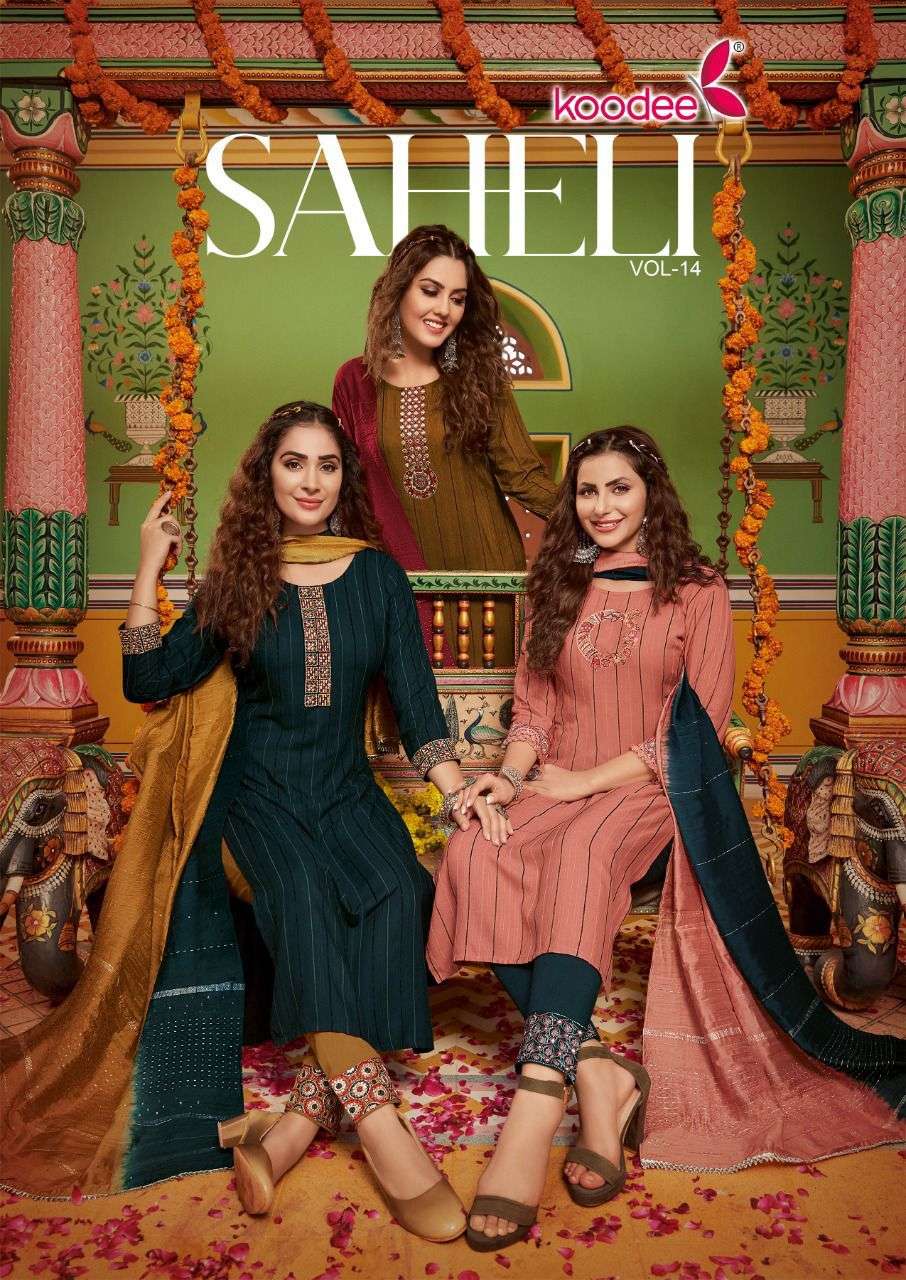 SAHELI VOL-14 BY KOODEE 1401 TO 1406 SERIES VISCOSE EMBROIDERY STITCHED DRESSES