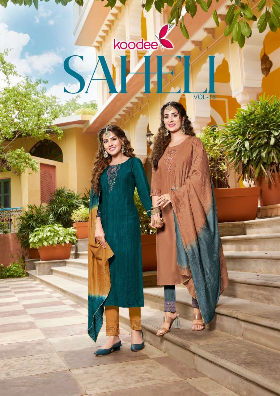 SAHELI VOL-15 BY KOODEE 1501 TO 1506 SERIES CHINON EMBROIDERY STITCHED DRESSES