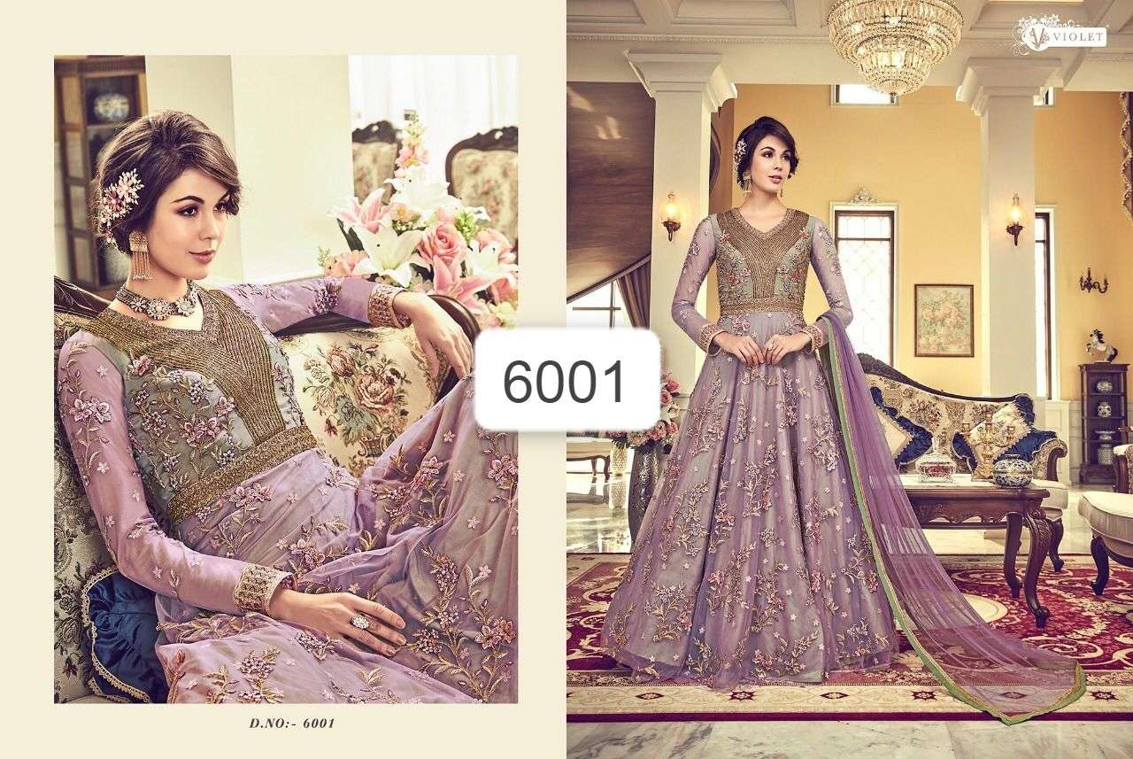 VIOLET SNOW WHITE 6000 SERIES BY SWAGAT HEAVY BUTTERFLY NET GOWNS