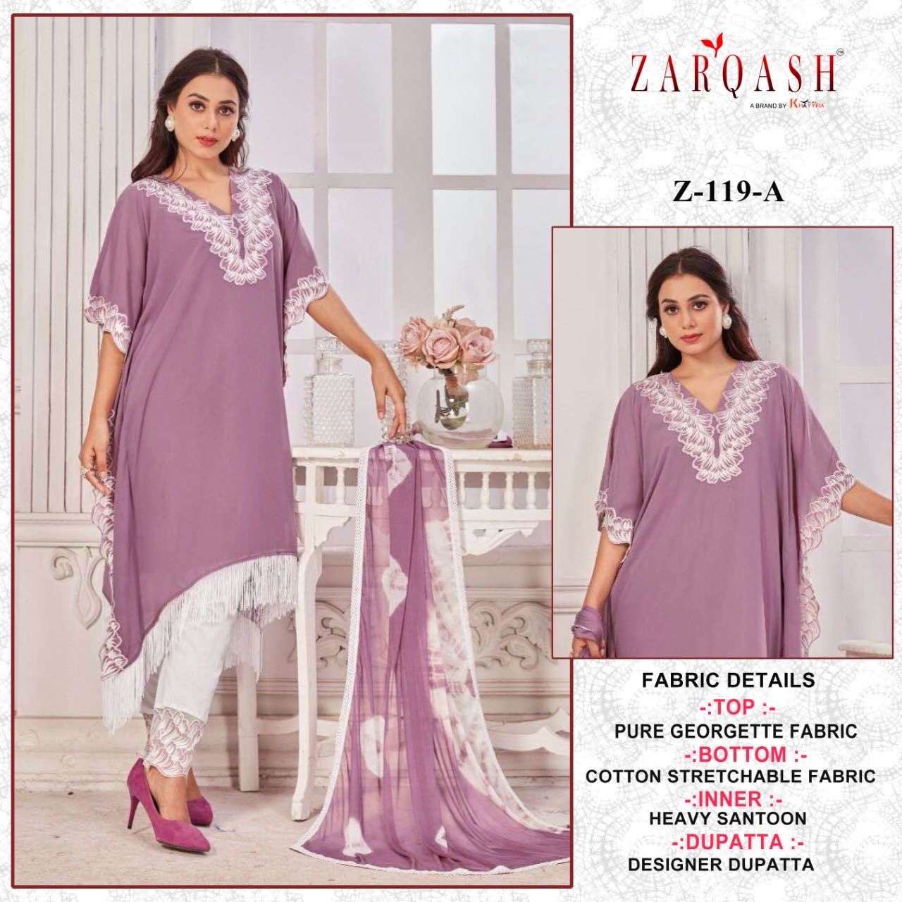 Z-119 COLOURS BY ZARQASH 119-A TO 119-D SERIES KAFTAN STITCHED DRESSES