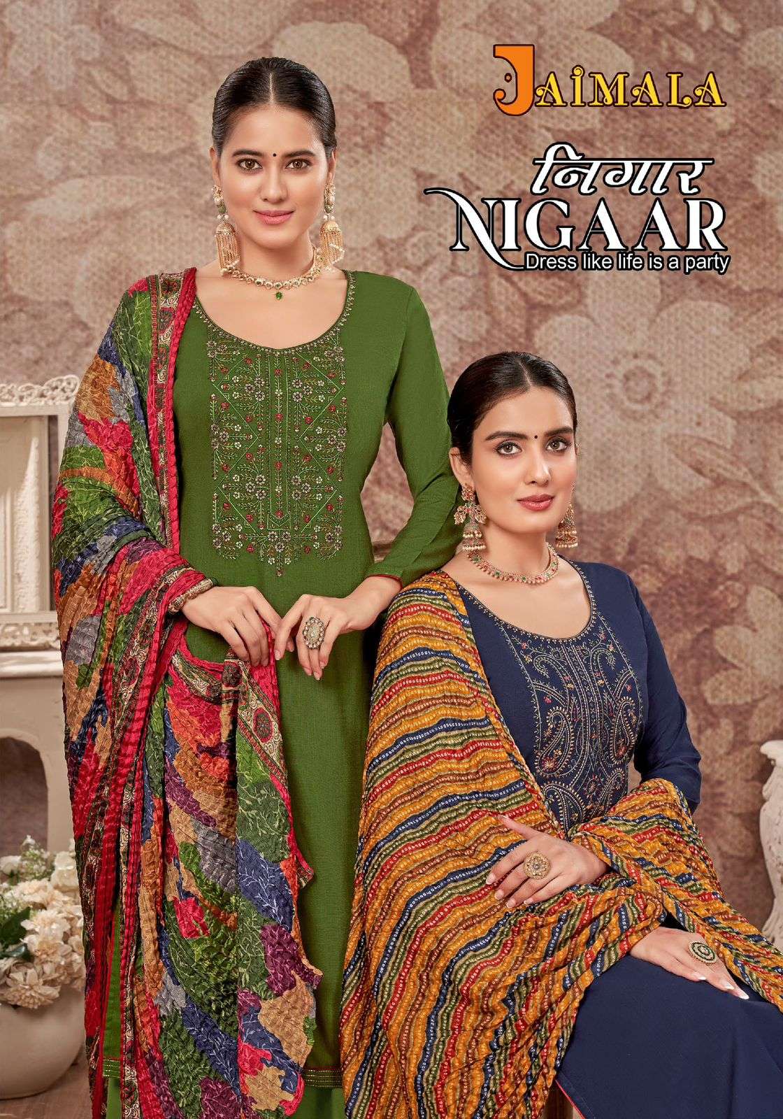 JAIMALA NIGAAR 1143-001 TO 1143-008 SERIES BY ALOK SUIT RAYON EMBROIDERY DRESSES
