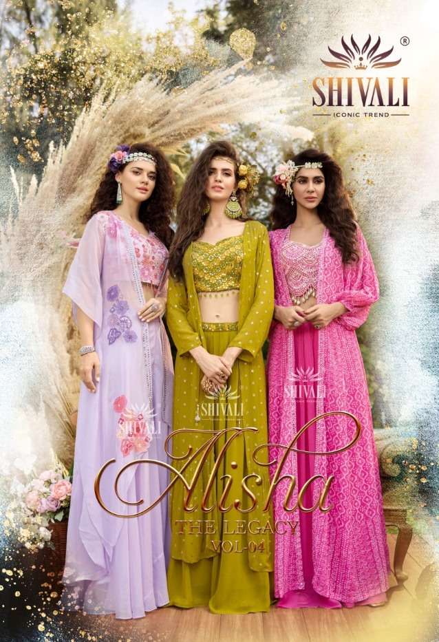 ALISHA THE LEGACY VOL-4 BY SHIVALI 1001 TO 1006 SERIES CROP TOP SHRUG & PALAZZO