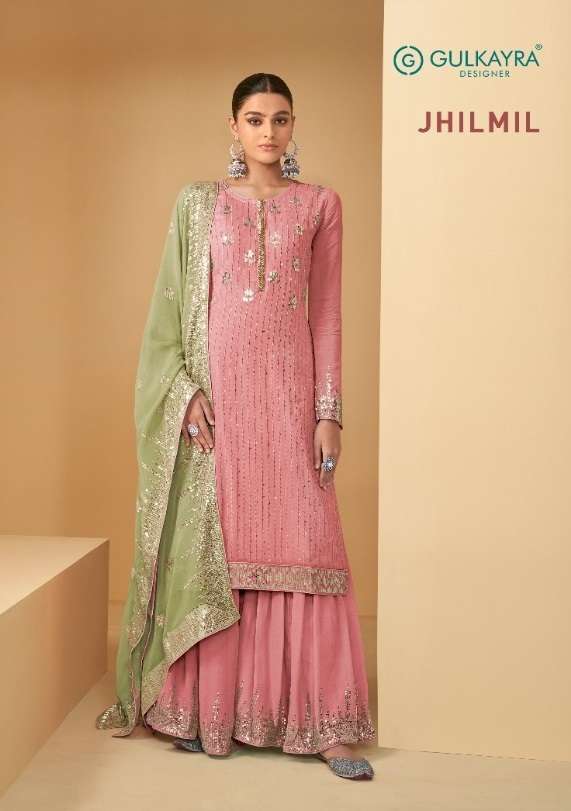 JHILMIL BY GULKAYRA 7187-A TO 7187-D SERIES GEORGETTE SHARARA STITCHED DRESSES