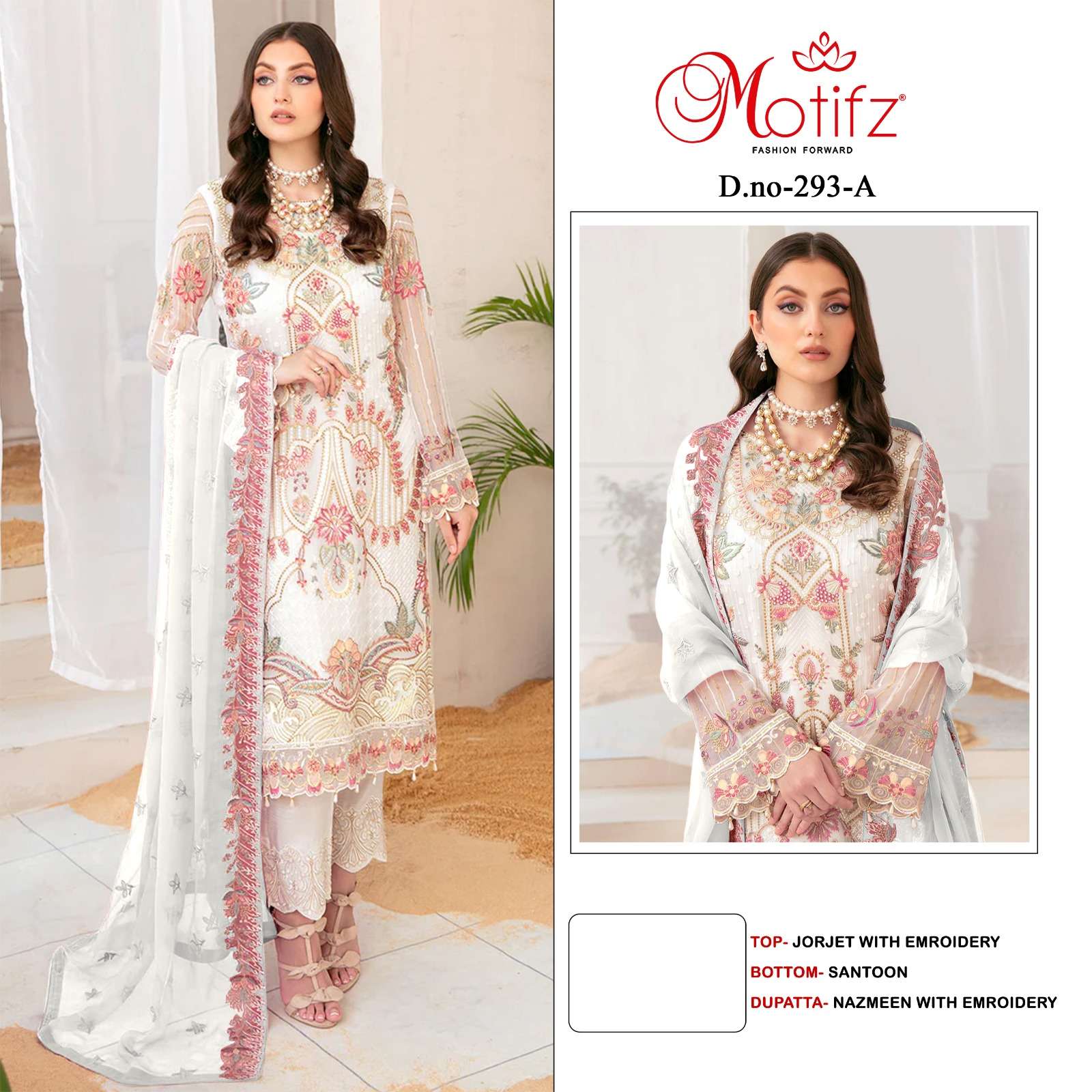 MOTIFZ 293 COLOURS BY MOTIFZ 293-A TO 293-D SERIES GEORGETTE EMBROIDERY DRESSES