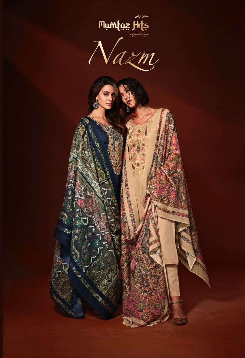 NAZM BY MUMTAZ ARTS 1001 TO 1007 SERIES PURE VISCOSE JAM SATIN WITH EMBROIDERY DRESSES