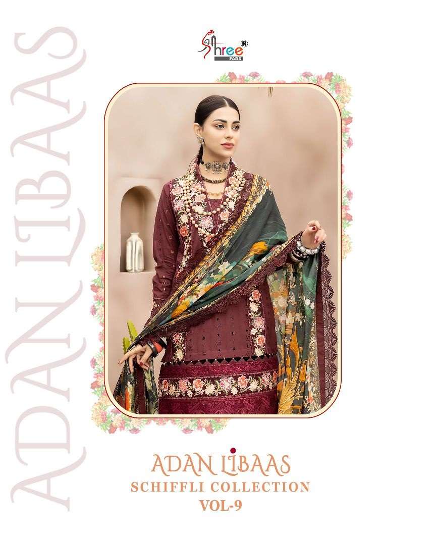 ADAN LIBAAS SCHIFFLI COLLECTION VOL-9 BY SHREE FABS 3001 TO 3007 SERIES COTTON DRESSES