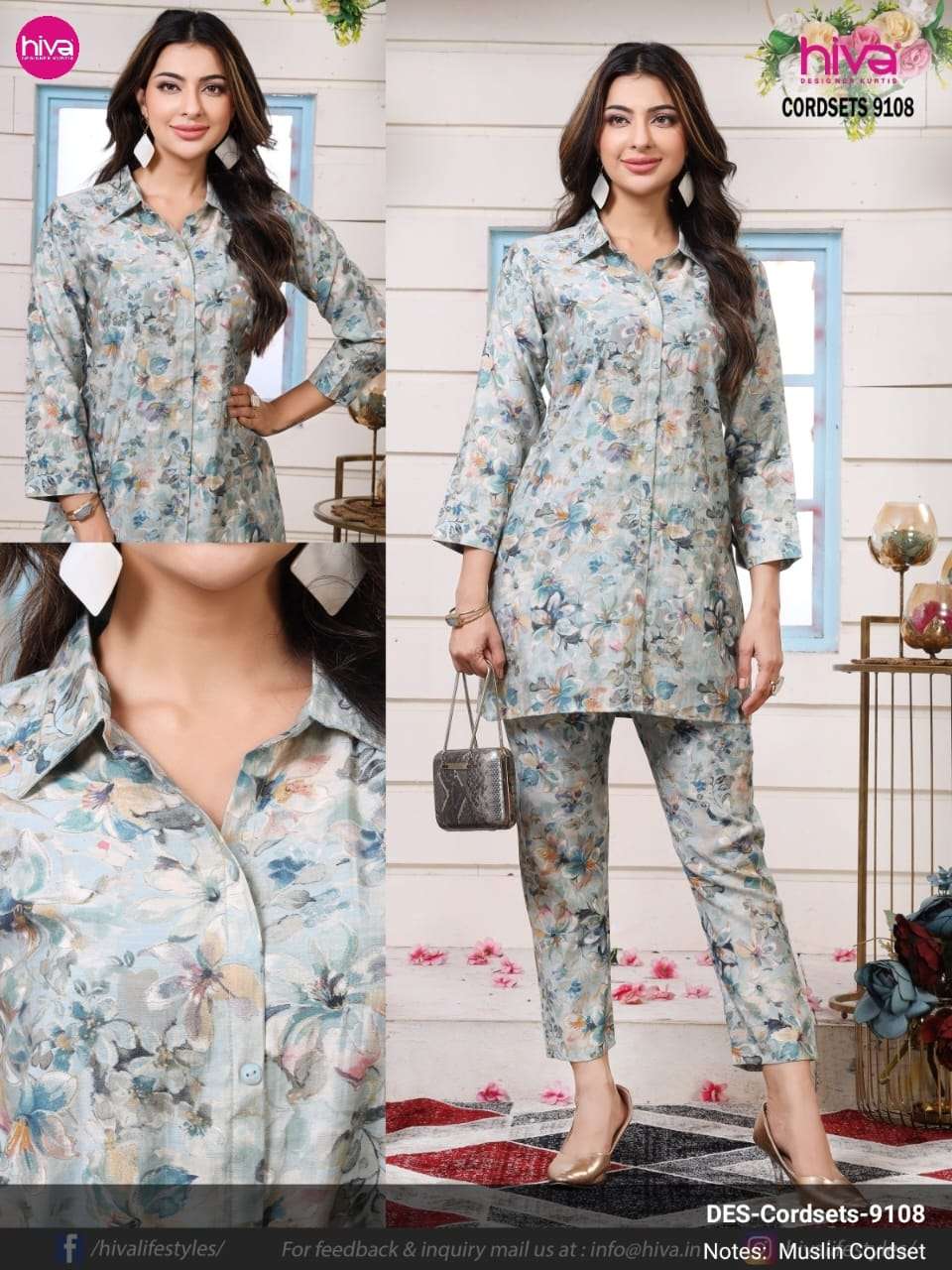 CORDSETS BY HIVA DESIGNER PURE MUSLIN SHIRT AND PANTS