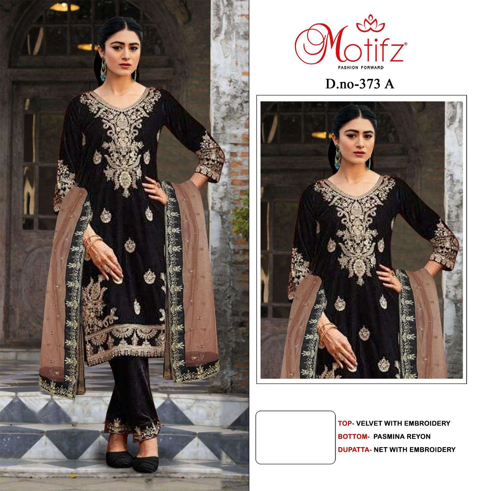 MOTIFZ 373 COLOURS BY MOTIFZ 375-A TO 375-D SERIES VELVET EMBROIDERY DRESSES