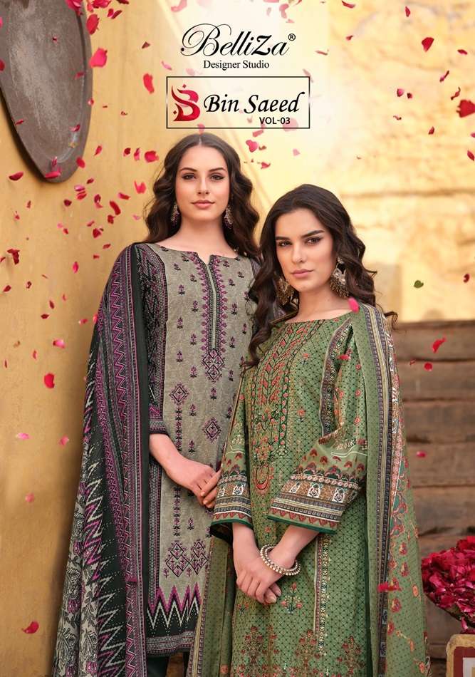BIN SAEED VOL-03 BY BELLIZA 884-001 TO 884-008 SERIES COTTON EMBROIDERY DRESSES