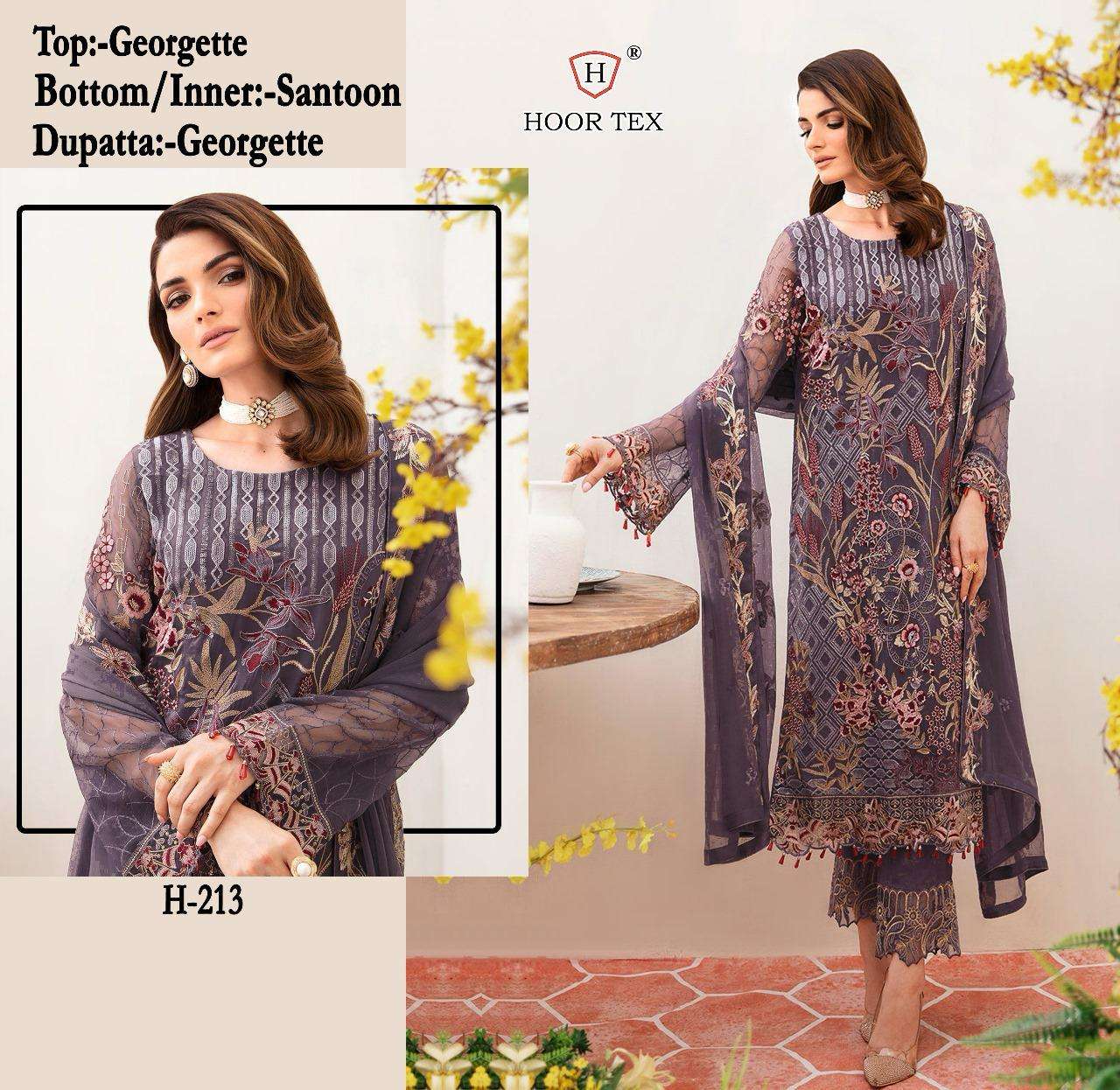 H-213 HIT DESIGN BY HOOR TEX FAUX GEORGETTE EMBROIDERED PAKISTANI DRESS