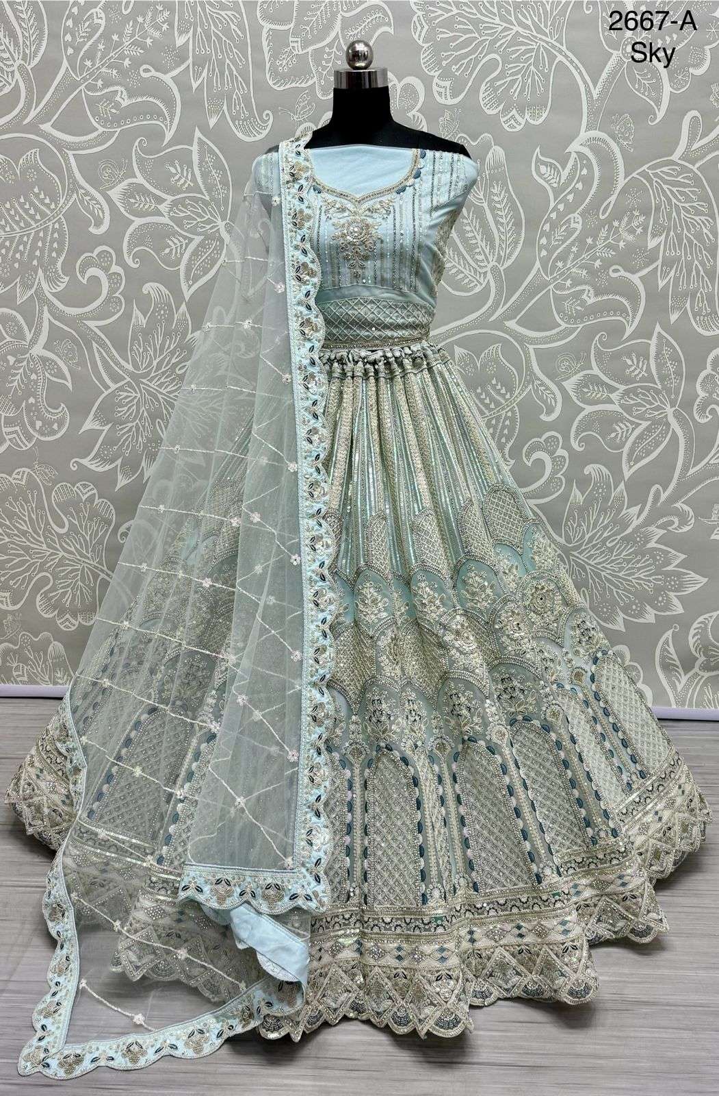 A-2667 COLOURS BY ASLIWHOLESALE HEAVY DESIGNER NET EMBROIDERY BRIDAL LEHENGAS