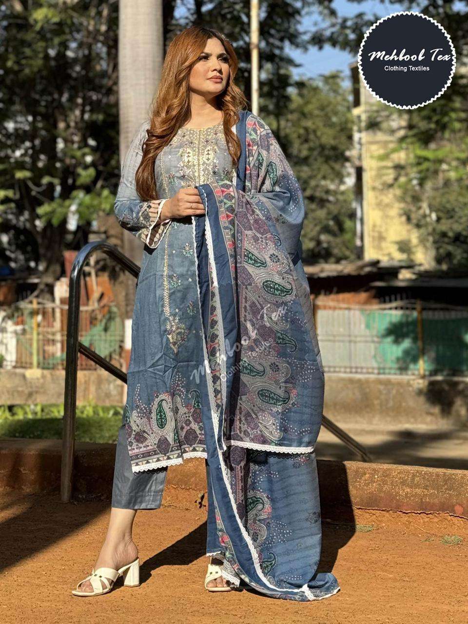 M-1324 NX BY MEHBOOB TEX HEAVY COTTON PRINT PATCH EMBROIDERED DRESSES
