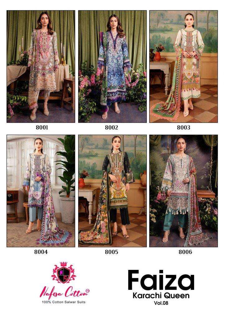 FAIZA KARACHI QUEEN VOL 08  BY NAFISA COTTON  8001 TO 8006 SERIES COTTON DRESSES