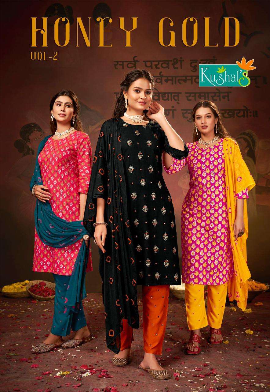HONEY GOLD VOL-2 BY KUSHALS 25301 TO 25310 SERIES RAYON FOIL PRINT DRESSES