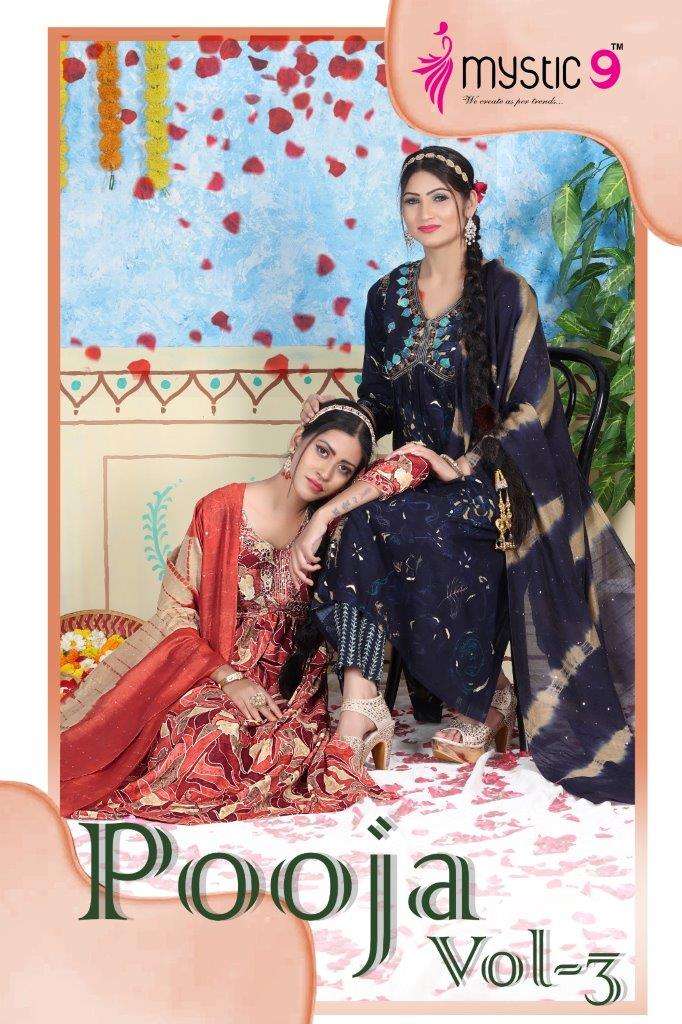 POOJA VOL-03 BY MYSTIC 9 1001 TO 1008 SERIES FANCY FOIL EMBROIDERY DRESSES 