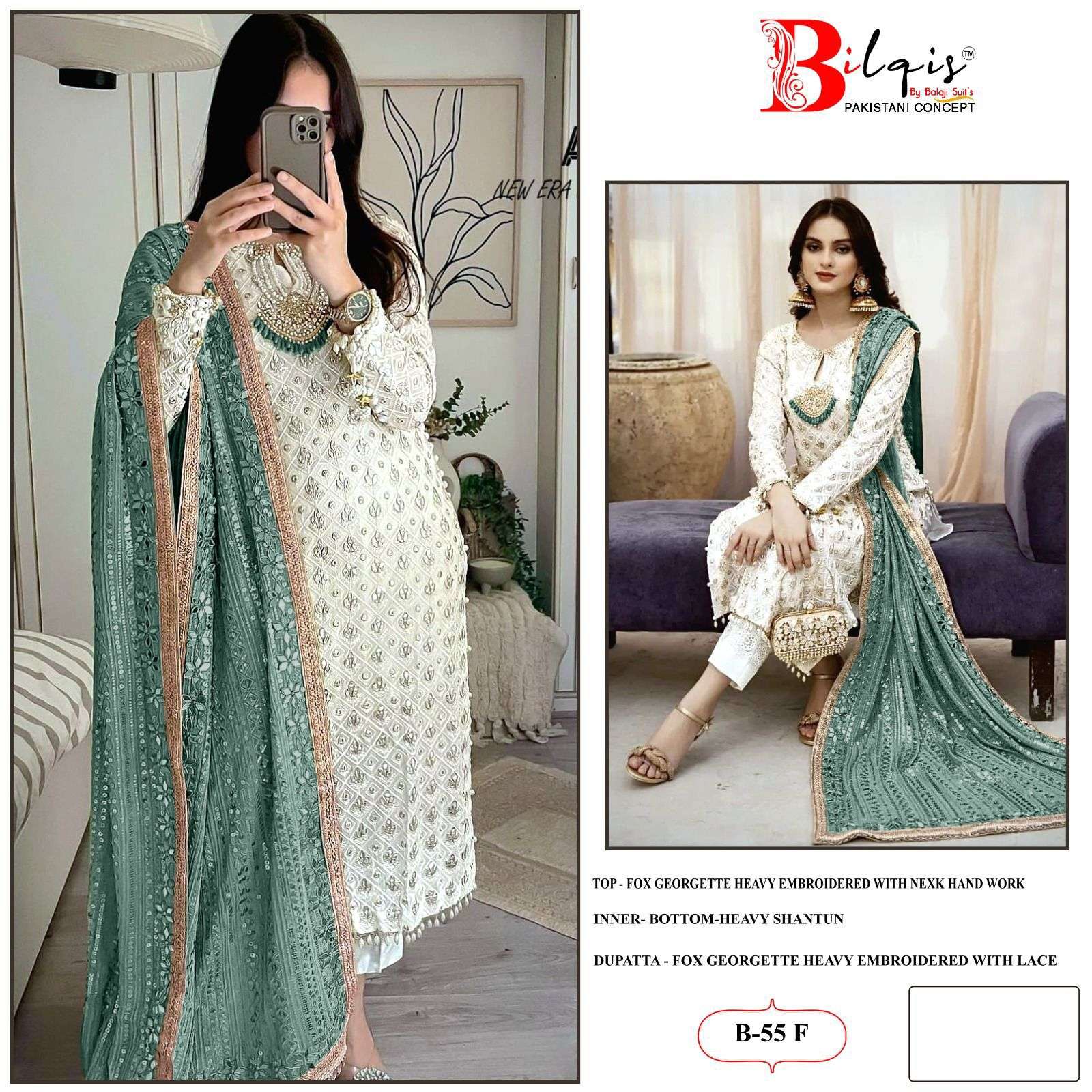 B-55 COLOURS BY BILQIS 55-E TO 55-H FAUX GEORGETTE EMBROIDERED PAKISTANI DRESS