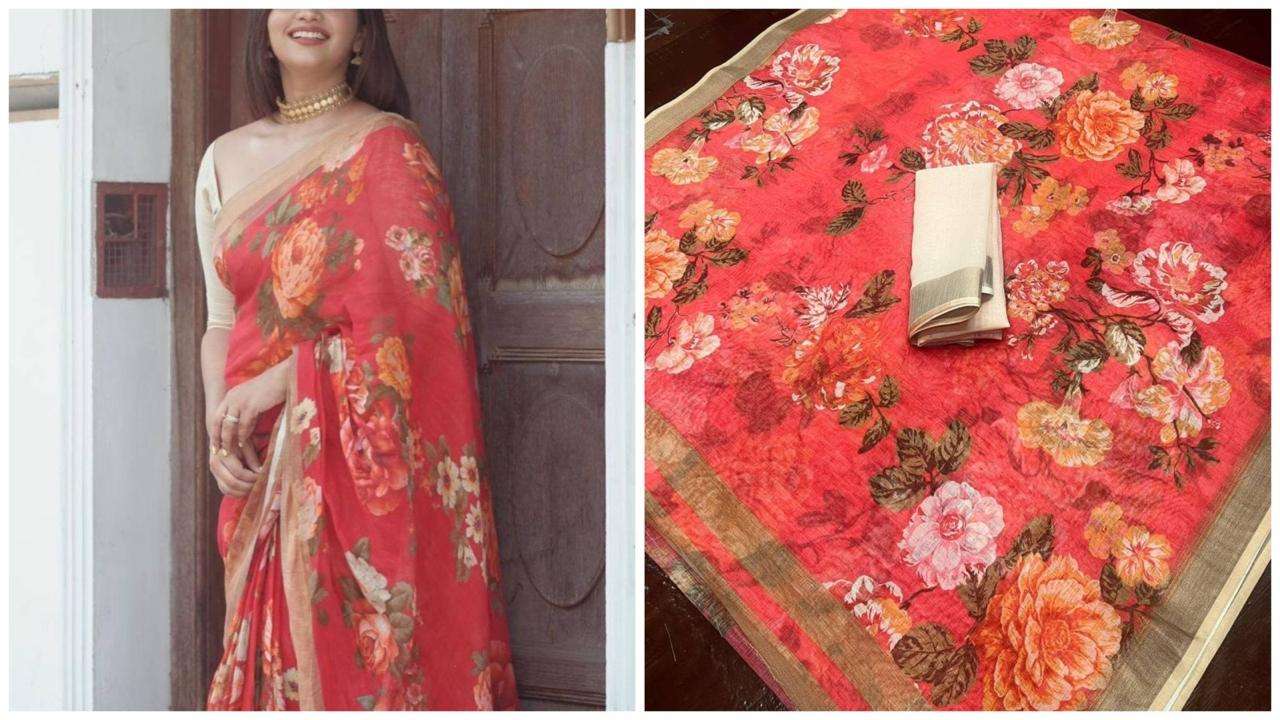 S-424 BY ASLIWHOLESALE DESIGNER SOFT LINEN PRINTED SAREES