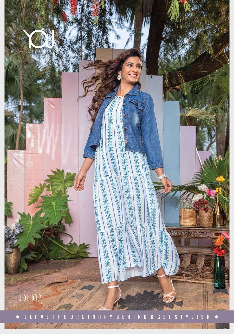 DENIM JACKET BY YOU 101 TO 106 SERIES DESIGNER RAYON KURTI WITH JACKET