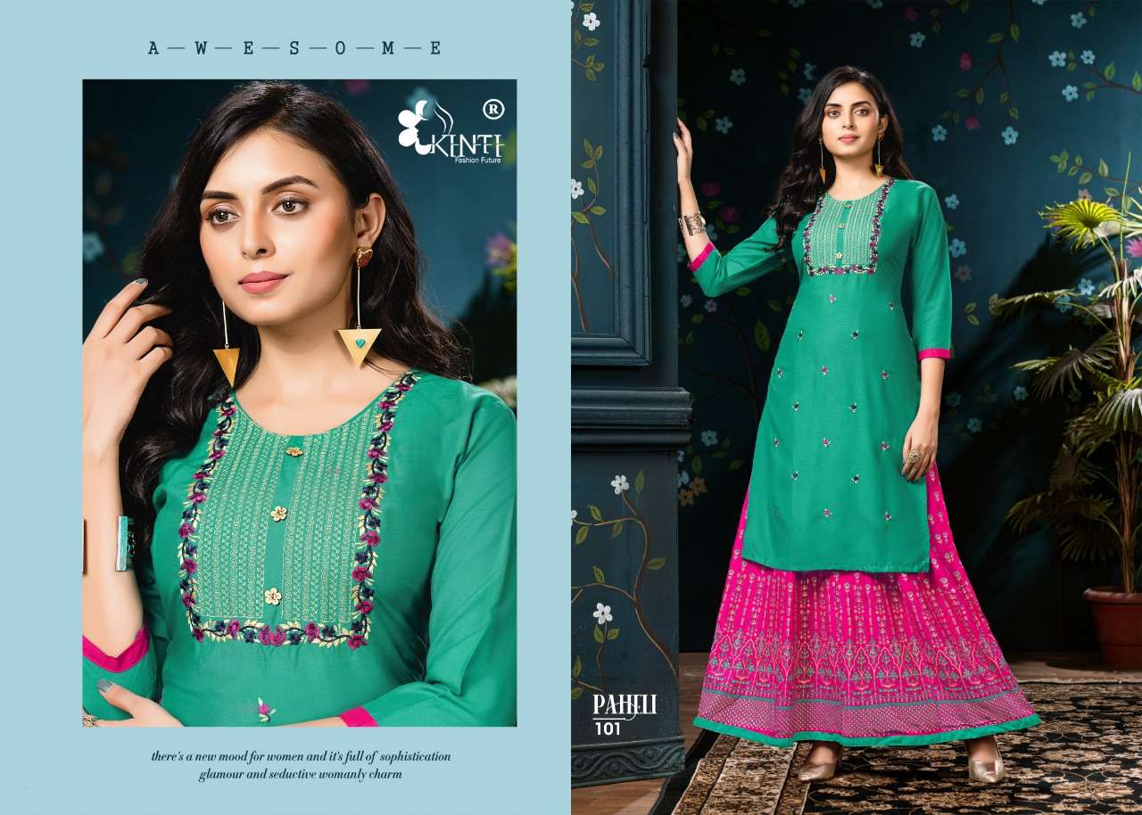 PAHELI BY KINTI 101 TO 108 SERIES DESIGNER RAYON KURTIS WITH SKIRTS
