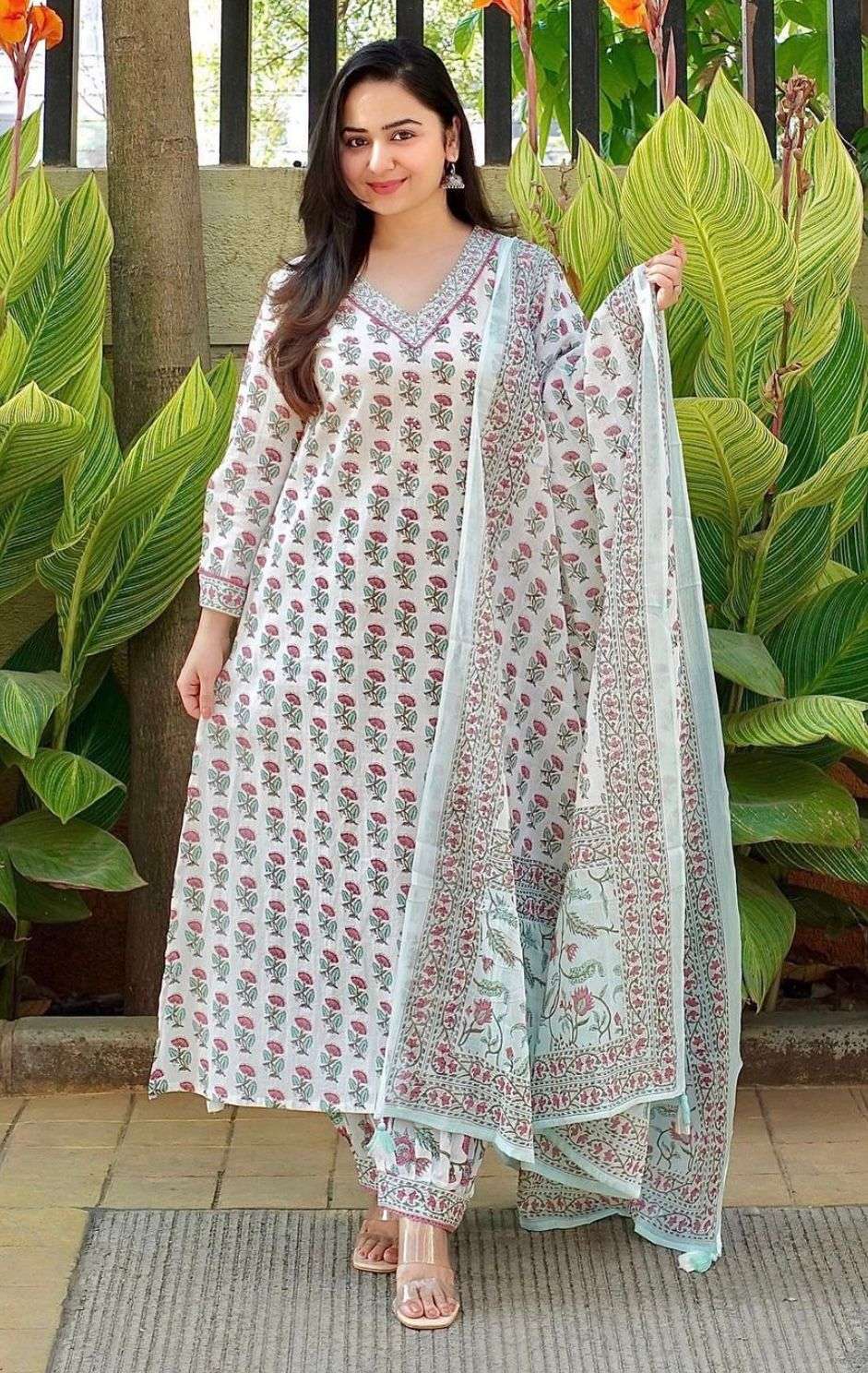 Azure Floral print Stitched Cotton suit with cotton dupatta | Kiran's  Boutique