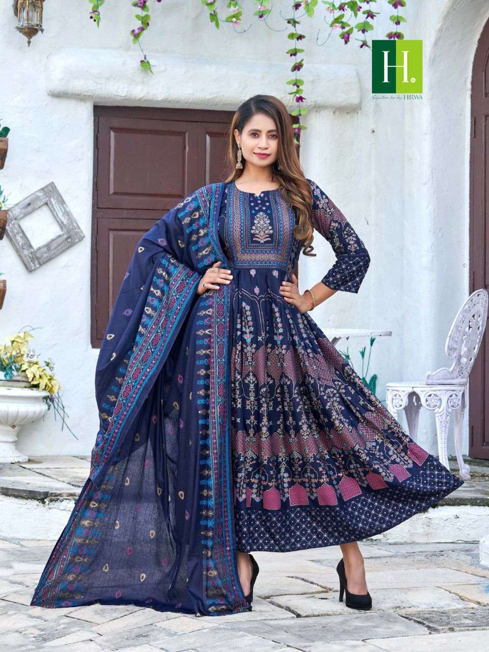 GOLDEN SANSKRITI BY H DOT RAYON FOIL PRINT KURTI DUPATTA