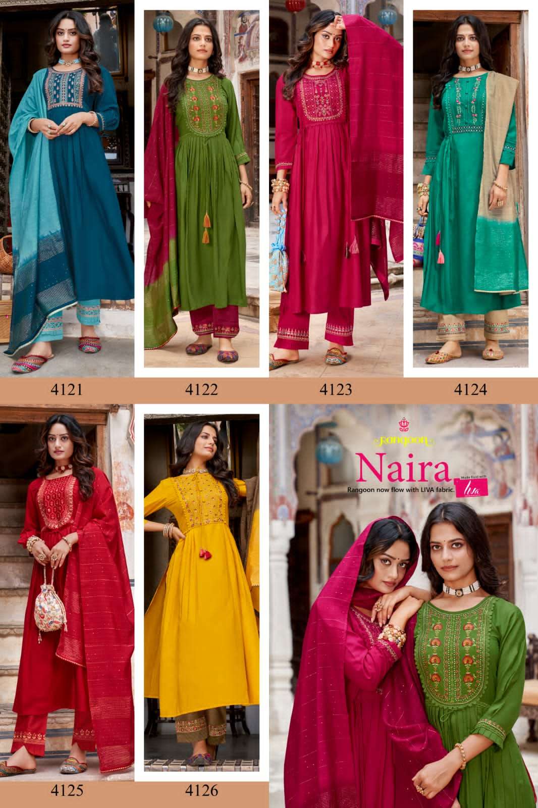 NAIRA BY RANGOON 4121 TO 4126 SERIES VISCOSE WORK STITCHED DRESSES
