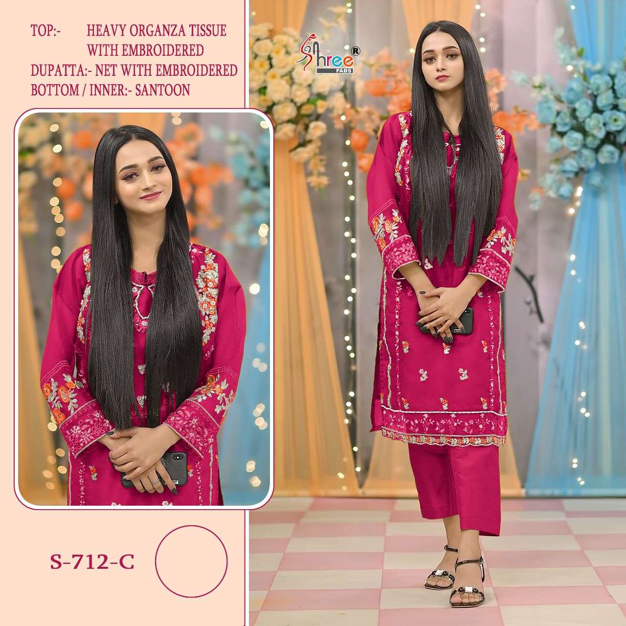 S 712 COLOURS BY SHREE FABS 712 C TO 712 F SERIES ORGANZA PAKISTANI DRESSES