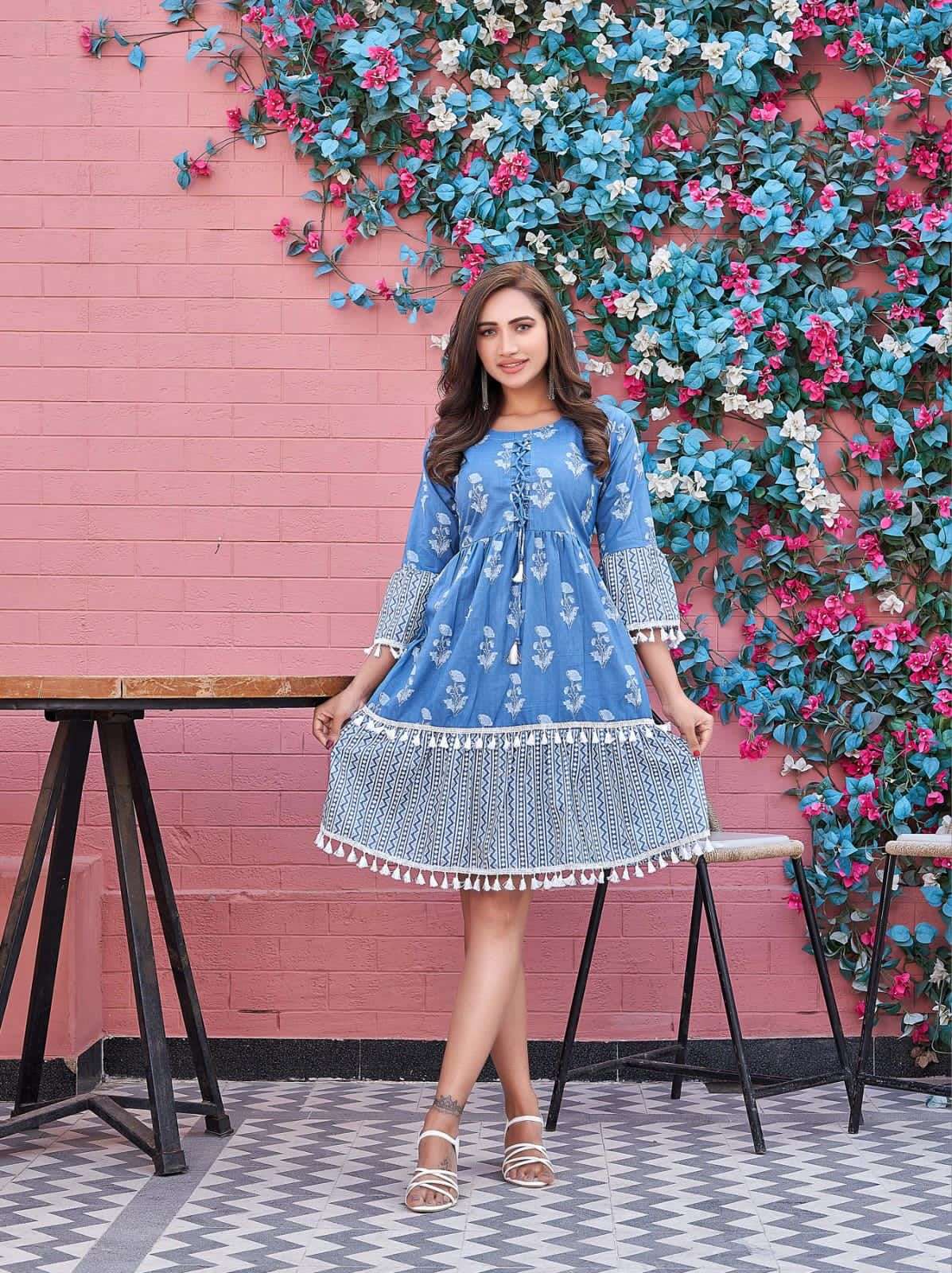 Cotton Blue Block Print Kurta Skirt Set with Dupatta | Indian Ethnic wear  online USA – Ria Fashions
