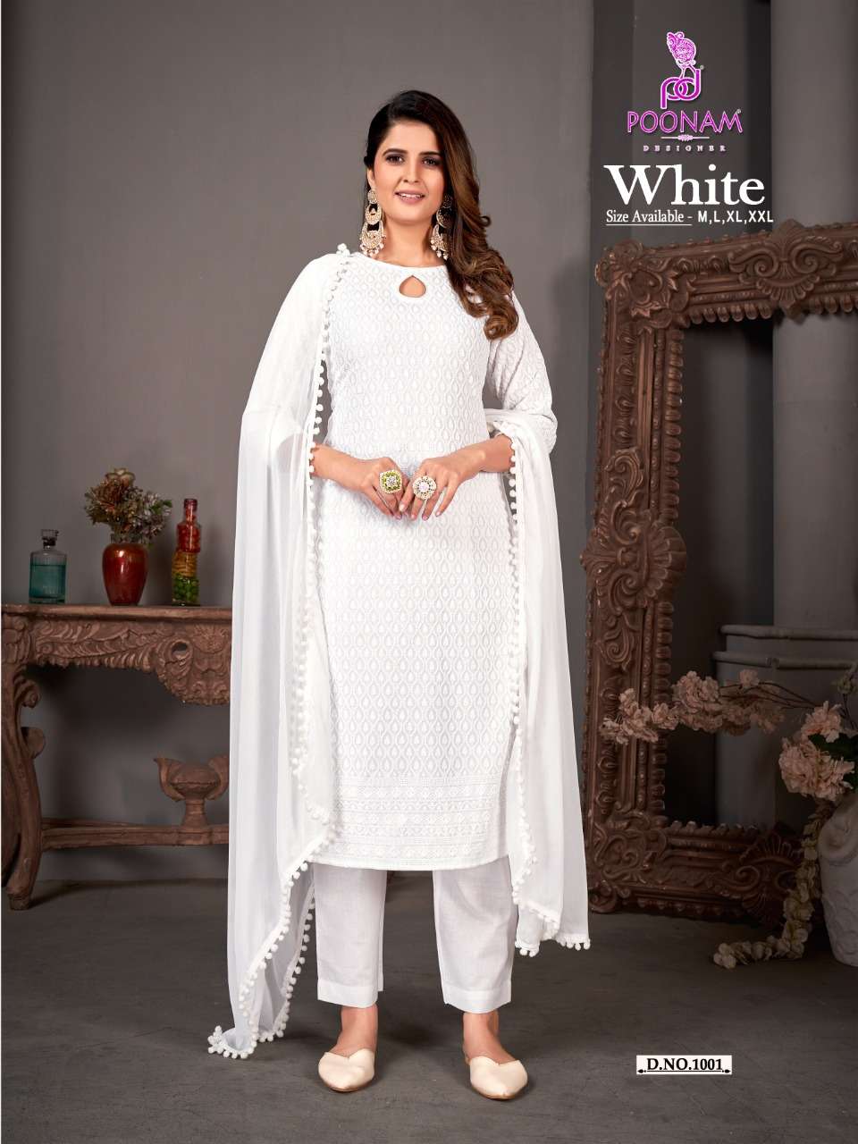 Off White Gown in Chikan fabric with Embroidery Work online Kishori |  Kishori