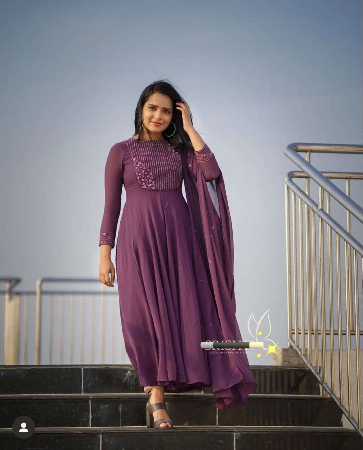 Georgette Purple Long Anarkali Kurti with Thread Embroidery Bodice