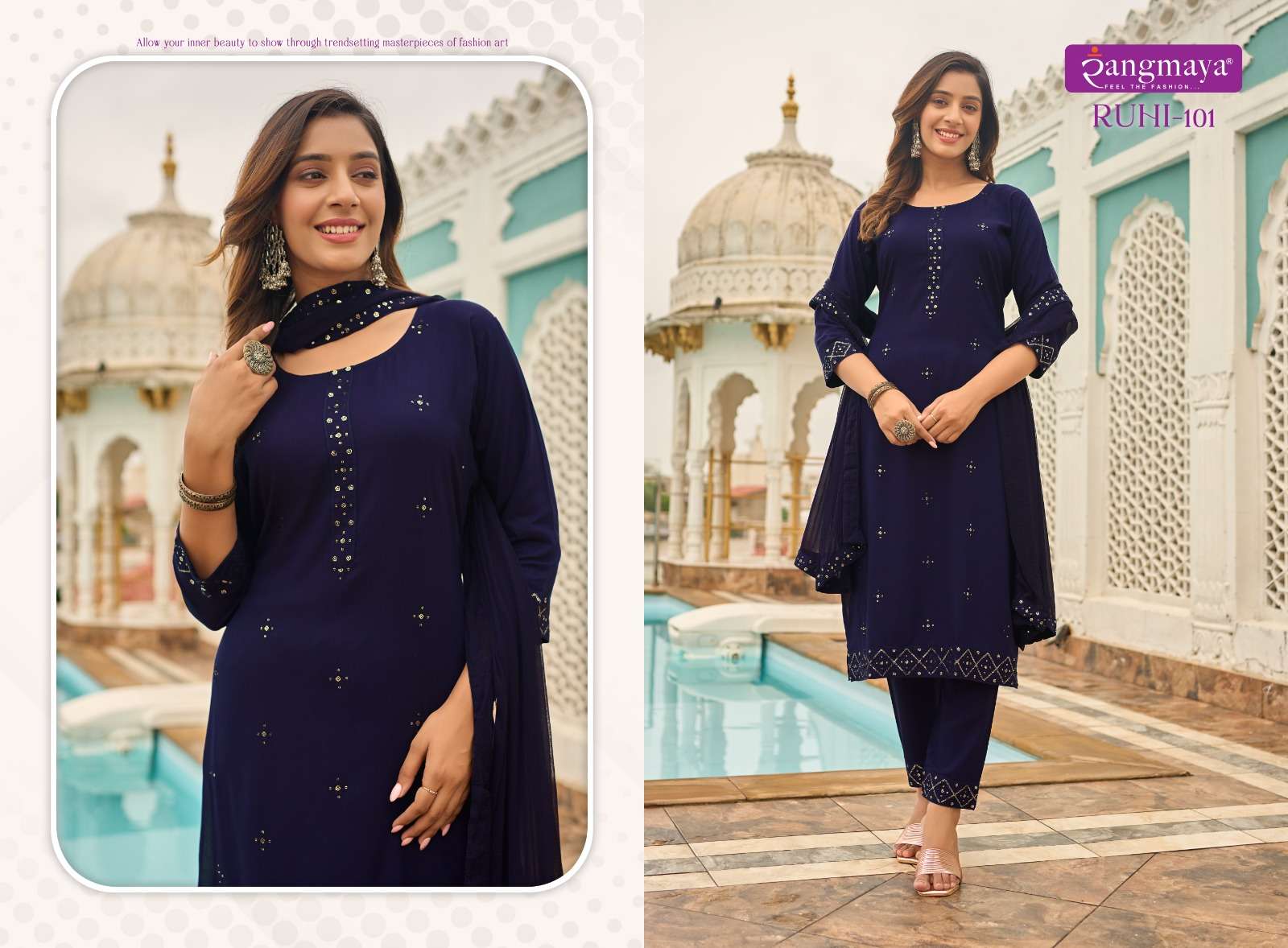 RUHI BY RANGMAYA 101 TO 108 SERIES RAYON EMBROIDERY DRESSES
