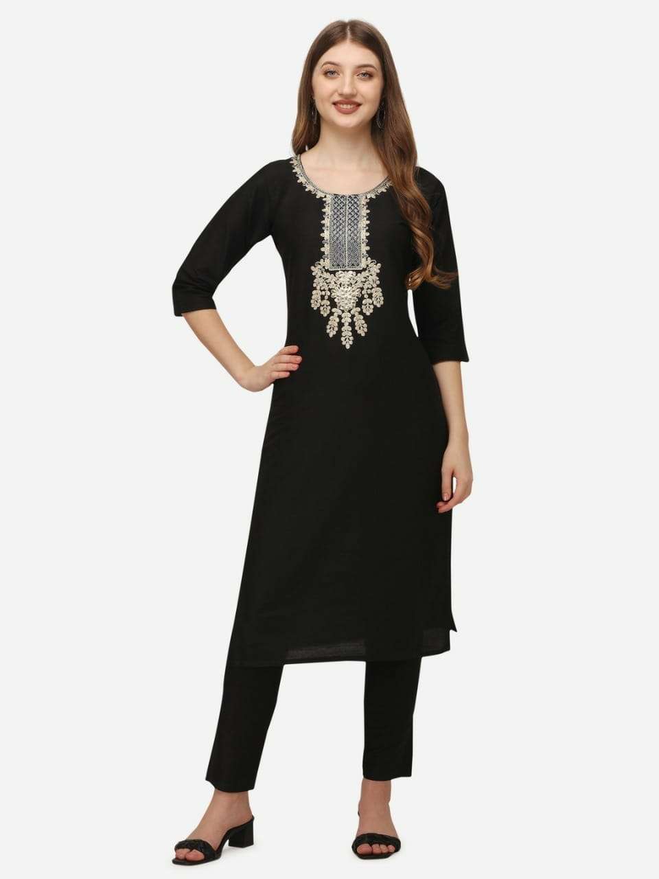 Black Straight Kurta with Pants and Dupatta | Silk kurti designs, Kurti  designs, Long kurti designs