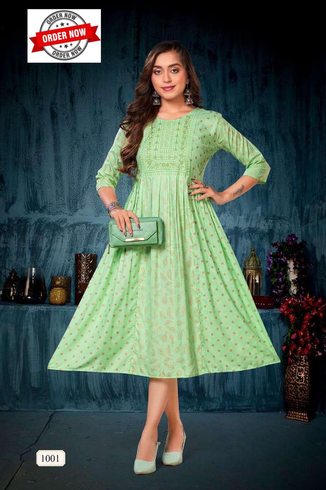 Buy Green Printed Rayon Kurti With Skirt Online