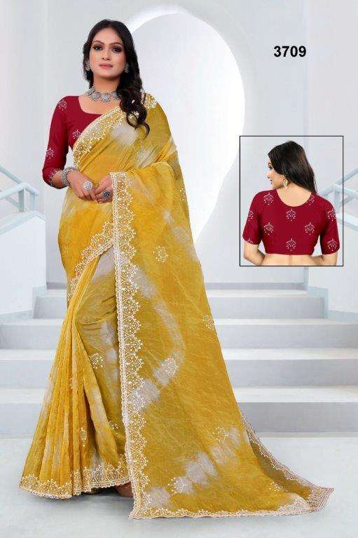 3709 COLOUR BY ASLIWHOLESALE DESIGNER PURE GOLD CRUSH EMBROIDERY SAREES 