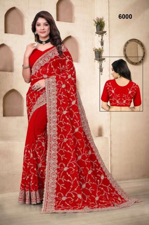 6000 COLOUR BY ASLIWHOLESALE DESIGNER PURE GEORGETTE EMBROIDERY SAREES-00103