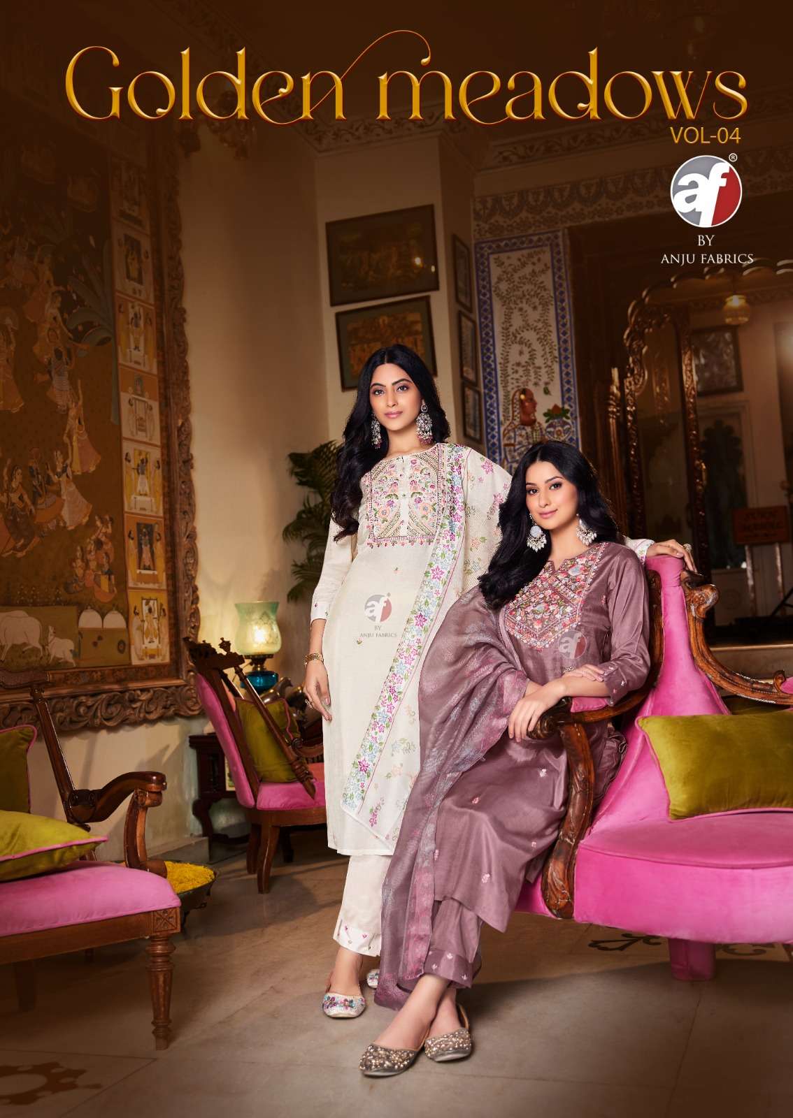 GOLDEN MEADOWS VOL-4 BY ANJU FABRICS 4141 TO 4146 SERIES PURE MUSLIN STITCHED DRESSES