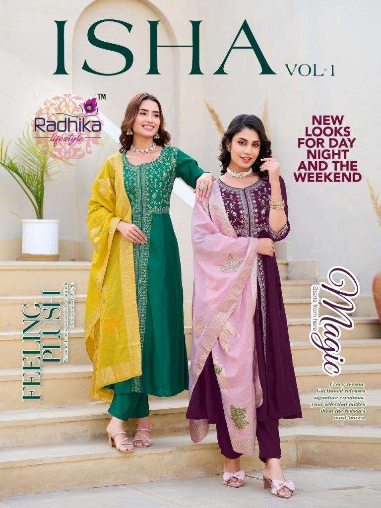 ISHA VOL-1 BY RADHIKA LIFESTYLE 1001 TO 1004 SERIES ROMAN SILK STITCHED DRESSES-00140