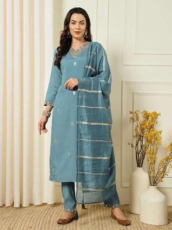 MONA BY ASLIWHOLESALE DESIGNER PURE CHANDERI EMBROIDERY DRESSES-00264