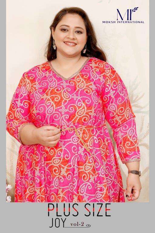 PLUS SIZE JOY VOL-02 BY MOKSH INTERNATIONAL 8653 TO 8656 SERIES PURE RAYON PRINTED KURTIS-00154