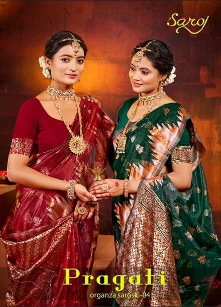 PRAGATI ORGANZA SAROSKI VOL-4 BY SAROJ 1001 TO 1006 SERIES PURE SOFT ORGANZA SAREES-00098