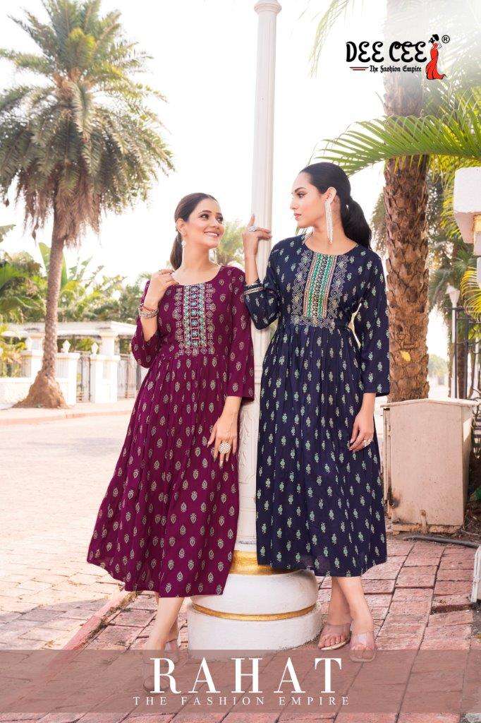 RAHAT BY DEE CEE 1001 TO 1006 SERIES DESIGNER FANCY RAYON PRINT KURTIS-00093