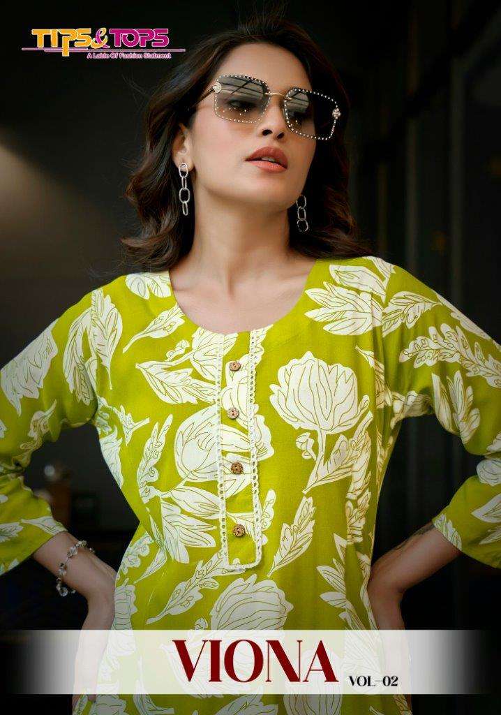 VIONA VOL-02 BY TIPS & TOPS 101 TO 106 SERIES HEAVY RAYON PRINTED CO-ORD SETS-00014