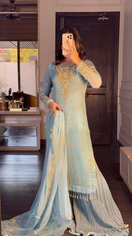 5253 HIT COLOUR BY ASLIWHOLESALE DEISGNER PURE HEAVY FAUX GEORGETTE EMBROIDERY SHARARA DRESSES-00262
