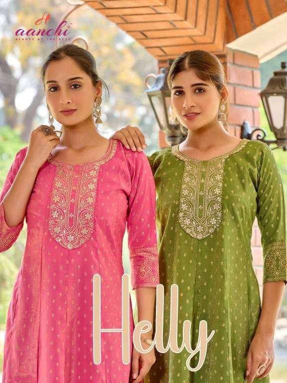 AANCHI HELLY PURE ROMAN SIMMER PRINTED EMBROIDERY KURTIS-00286