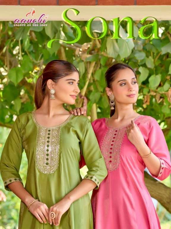 AANCHI SONA PURE ROMAN SIMMER EMBROIDERY KURTIS-00286